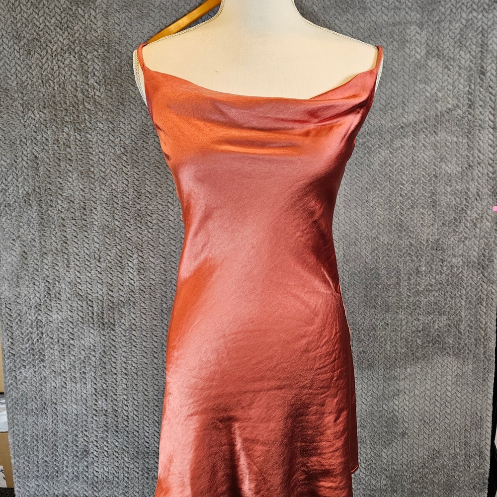 Chic Bodycon Rust Orange Satin Cowl Neck Tie Shoulder Mini Slip Dress S Clubwear